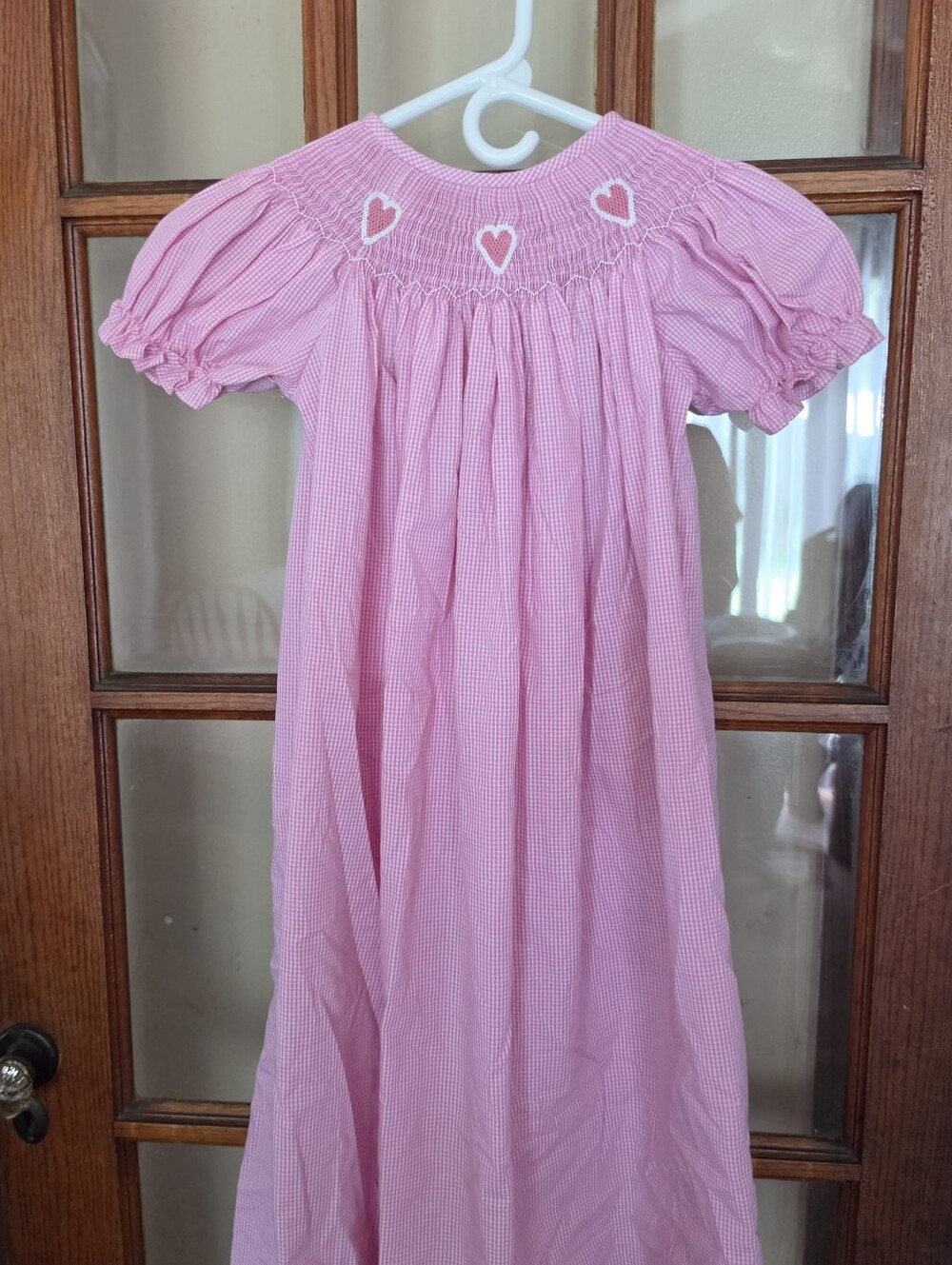 DELANEY Girls Size 6 Pink Gingham Smocked Bishop Dress Heart Embroidery Boutique